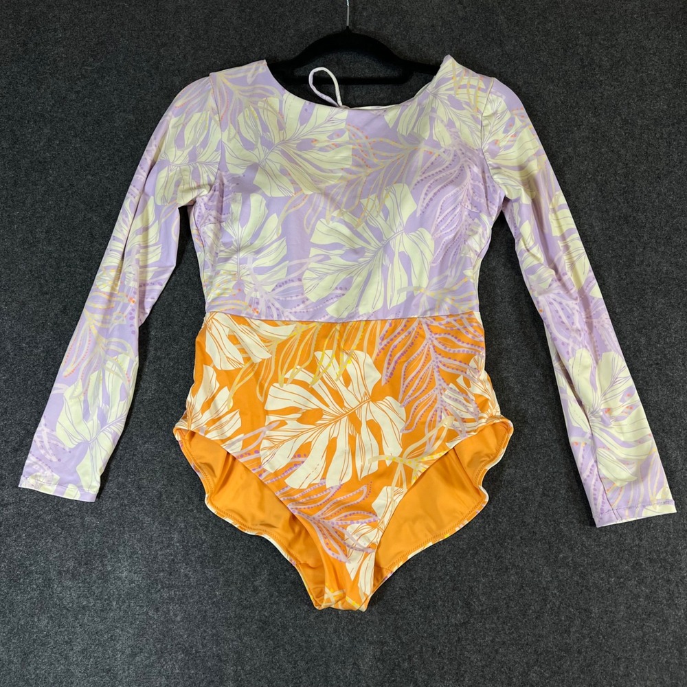 CALIA Women Purple Orange Tropical Long Sleeve One Piece Swimsuit 8 Beach Surf